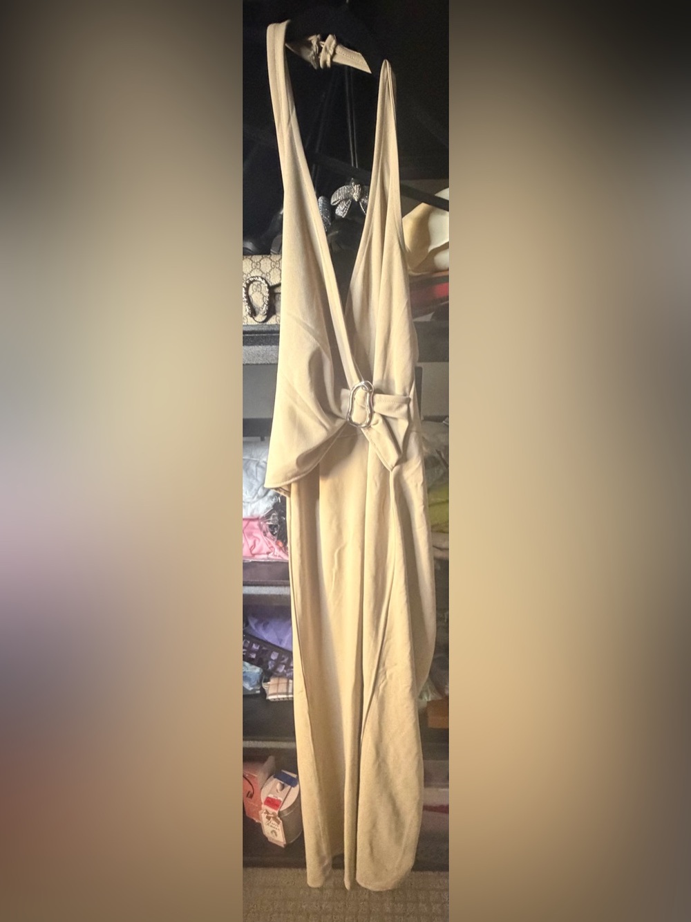 Sleeveless Beige Halter Jumpsuit with Buckle Waist